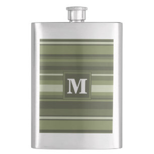 Monogram olive green stripes hip flask