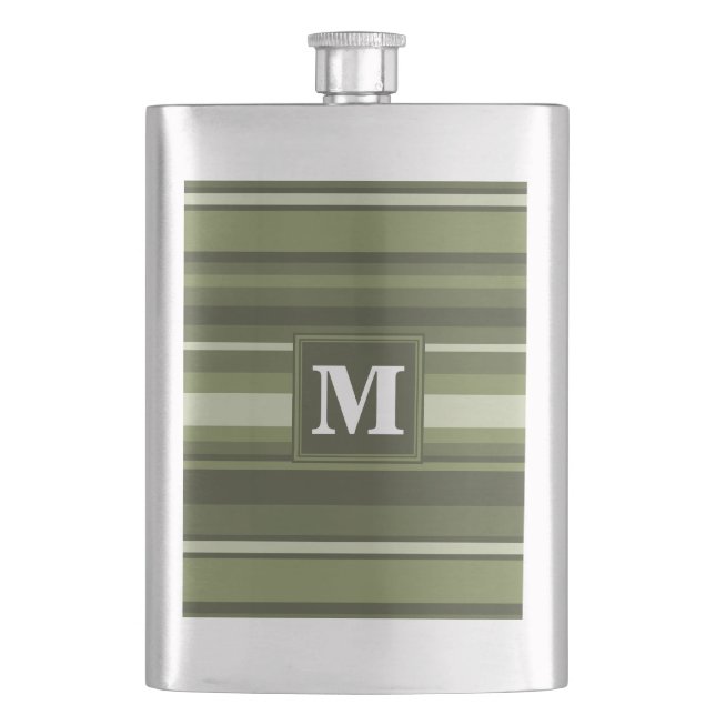 Monogram olive green stripes hip flask (Front)