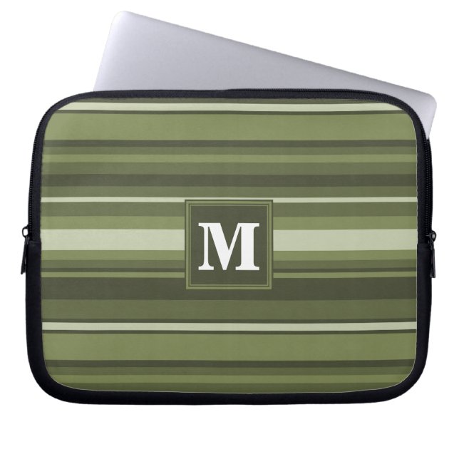 Monogram olive green stripes laptop sleeve (Front)