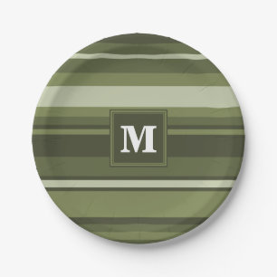 Monogram olive green stripes paper plate