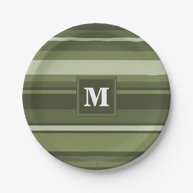 Monogram olive green stripes paper plate (Front)