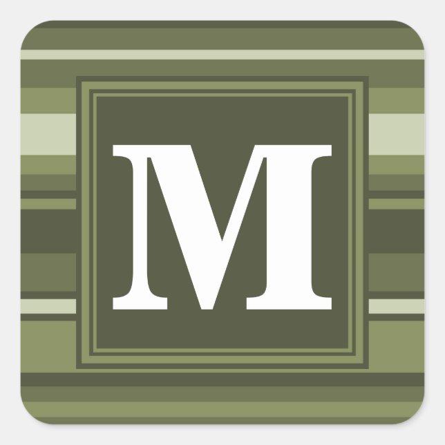 Monogram olive green stripes square sticker (Front)
