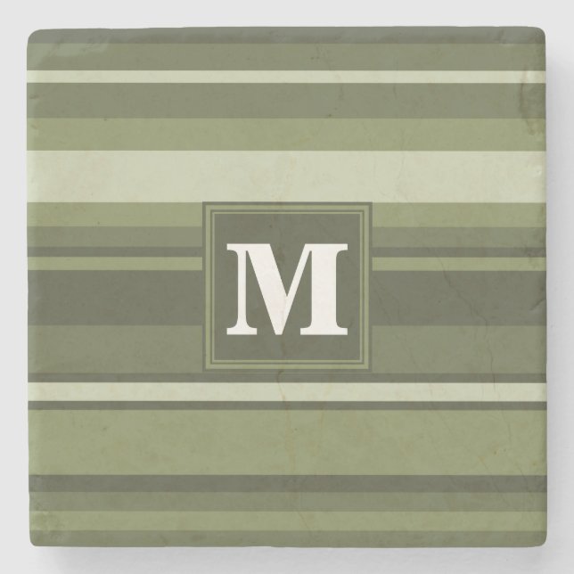 Monogram olive green stripes stone coaster (Front)
