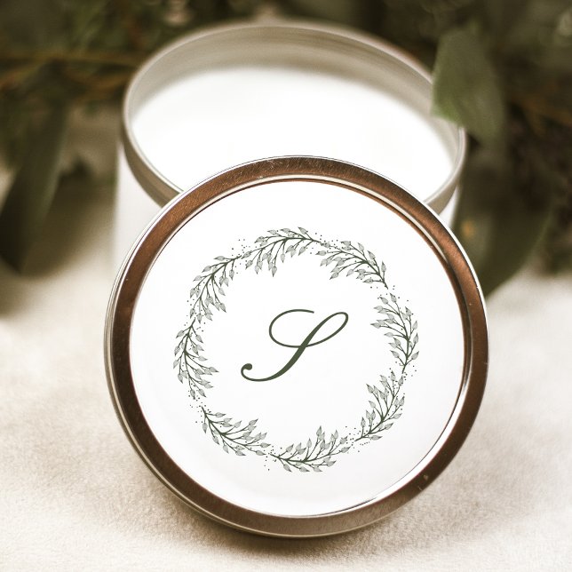 Monogram Olive Green Wreath Classic Script Wedding Round Sticker (Creator Uploaded)