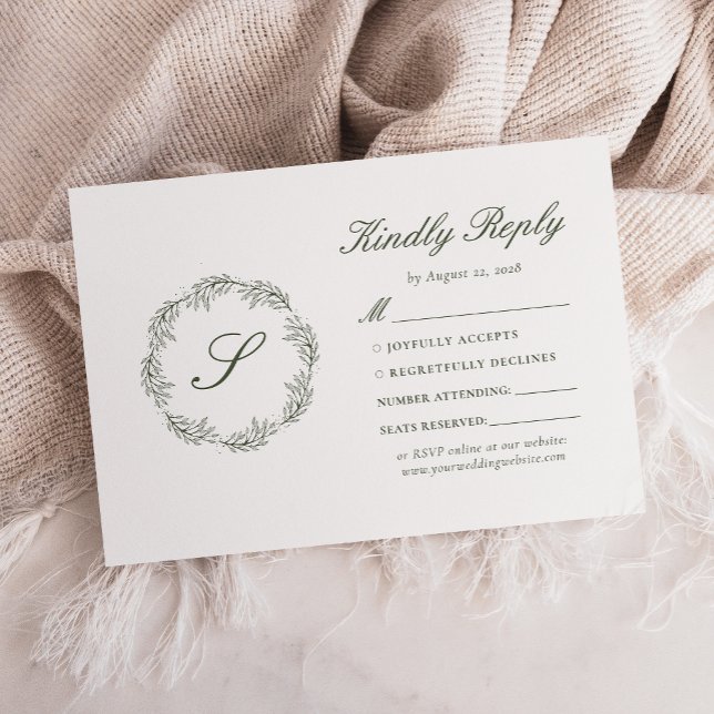 Monogram Olive Green Wreath Wedding RSVP Card (Creator Uploaded)