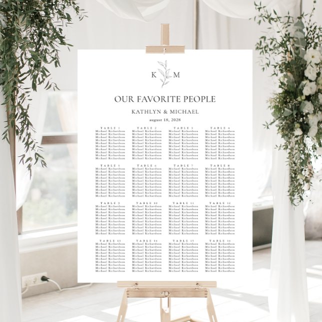 Monogram Olive Leaf Wedding 16 Table Seating Chart (Creator Uploaded)