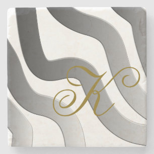 Monogram ombre gold grey white line abstract  stone coaster