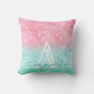 Monogram Ombre Name Pink Ocean Pastel Spark Girly Cushion