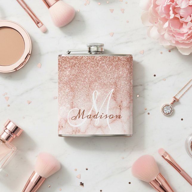 Monogram Ombre Rose Gold Marble Glitter Hip Flask (Creator Uploaded)