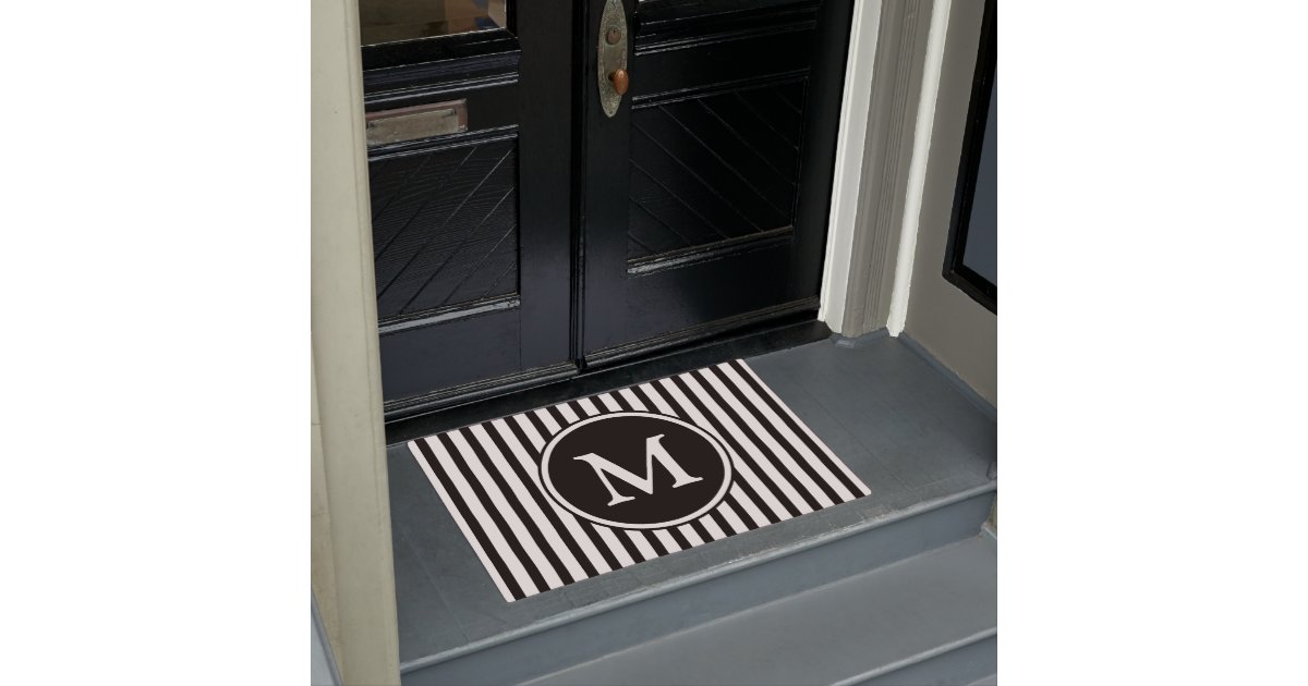 Monogram On Black And White Stripes Doormat Zazzle Co Uk