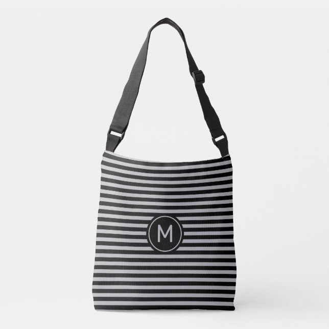 Monogram on Black & Silver Grey Striped Crossbody Bag (Front)