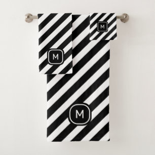 Monogram on Black & White Striped Bath Towel Set