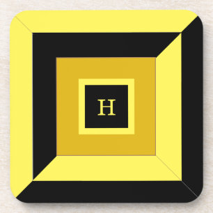 Monogram on Black & Yellow Geometric Shape Coaster