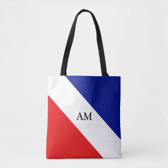 Monogram on Blue Red and White Diagonal Striped Tote Bag (Front)
