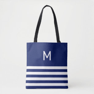 Monogram on Blue & White Striped Tote Bag
