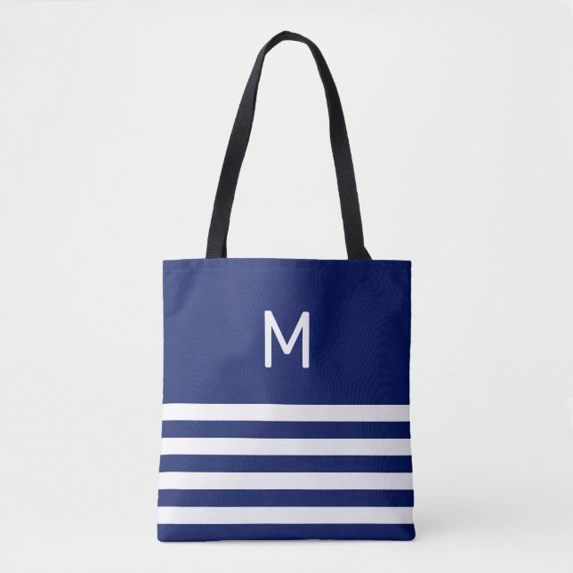Monogram on Blue & White Striped Tote Bag (Front)