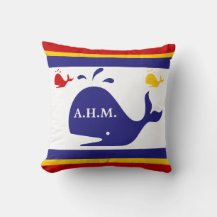 MONOGRAM on blue, yellow, and red whales on white Cushion