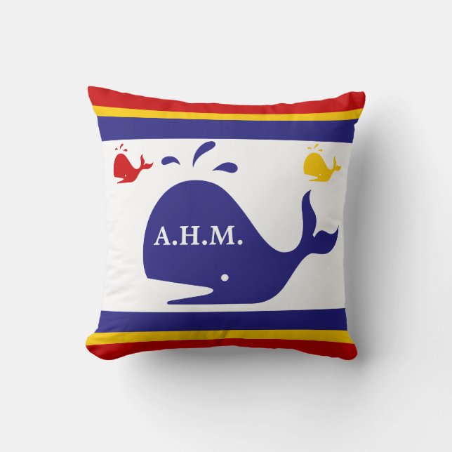 MONOGRAM on blue, yellow, and red whales on white Cushion (Front)