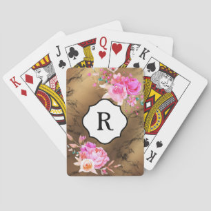 Monogram on Bold Pink Flowers, Gold & Black Marble Playing Cards