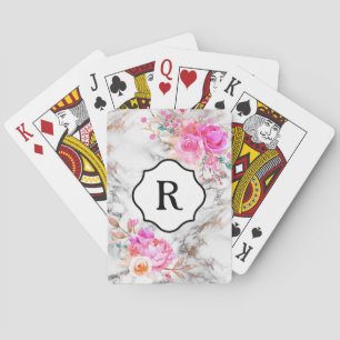 Monogram on Bold Pink Flowers, Gold & White Marble Playing Cards