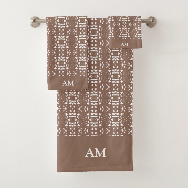 Monogram on Brown & White Unique Abstract Pattern Bath Towel Set (Insitu)