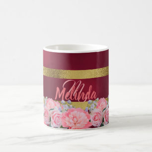 Monogram on burgundy with pink flowers bluebells coffee mug