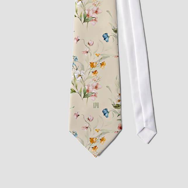 Monogram on Colourful Floral Still Life Art Beige Tie (Creator Uploaded)