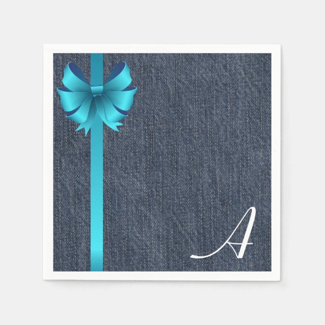 Monogram on Denim with Blue Ribbon Napkin (Front)