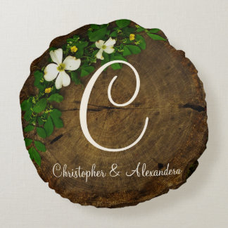 Monogram on Dogwood flowers on wood circle Round Cushion