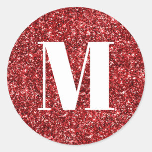 Monogram on Faux Ruby Red Glitter Classic Round Sticker