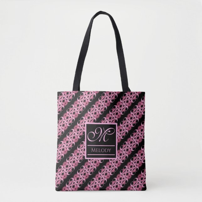 Monogram On Fractal Pink And Black Tote Bag (Front)