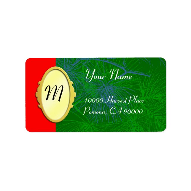 Monogram on Gold Green Holiday Address Labels (Front)