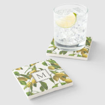 monogram on lemons pattern stone coaster