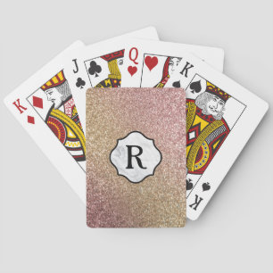 Monogram on Marble Badge, Gold & Rose Gold Glitter Playing Cards