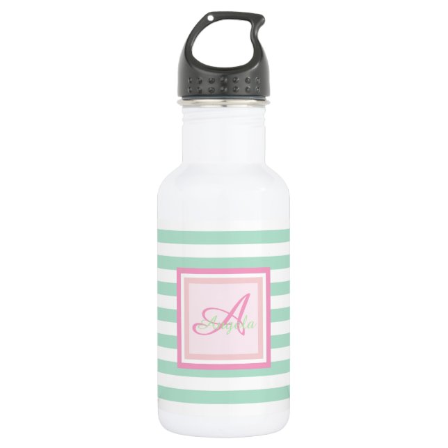 Monogram on Mint Green  Stripes-Personalised 532 Ml Water Bottle (Front)