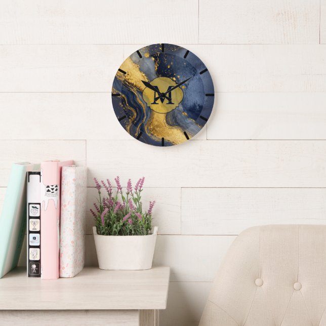 Monogram on Navy Gold Abstract Marble Fluid Art Large Clock (Reading Room)
