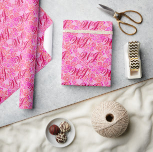 Monogram on Pastel Pink Floral Background Wrapping Paper