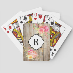 Monogram on Pink Flowers and Rustic Wood Playing Cards
