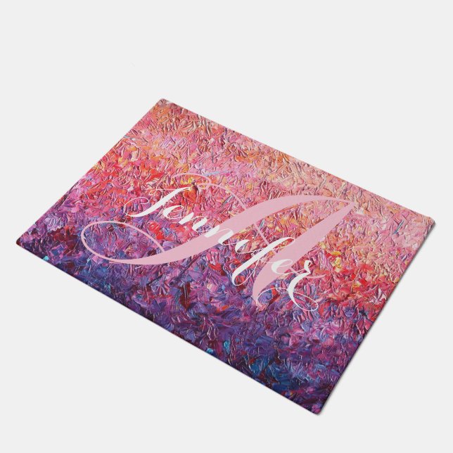 Monogram on Pink Purple Rose Abstract  Doormat (Angled)