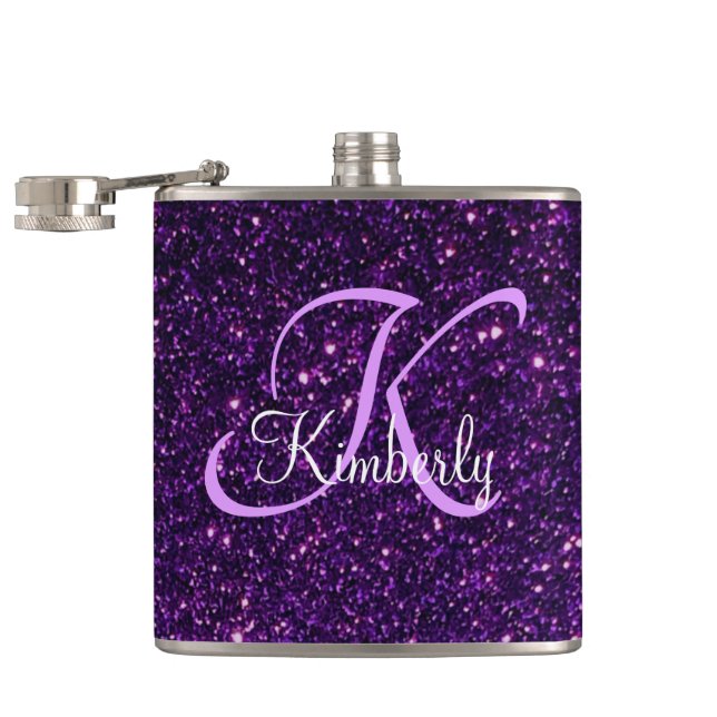 Monogram on Purple Glitter Flask (Opened)
