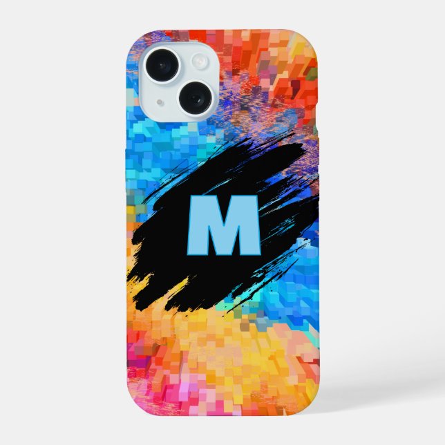 Monogram on Rainbow Abstract Background iPhone 15 Case (Back)