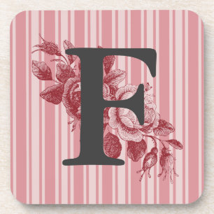 Monogram on Red Cabbage Rose Spray Customise It Coaster