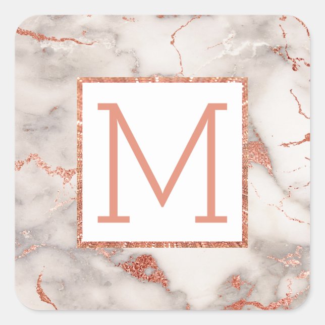 monogram on rose gold marble square sticker (Front)