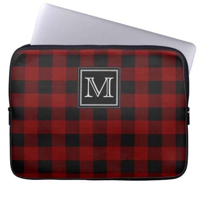 Monogram on Rugged Red and Black Plaid Laptop Sleeve (Front)