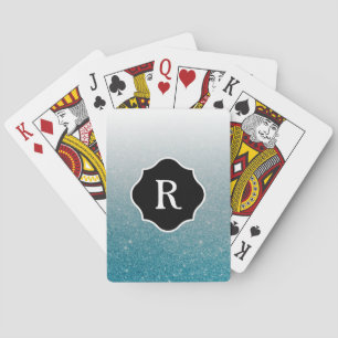 Monogram on Sparkling Aqua Ombre Glitter Playing Cards