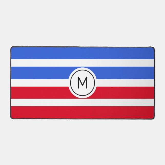 Monogram on Striped Blue, Red & White Desk Mat (Front)