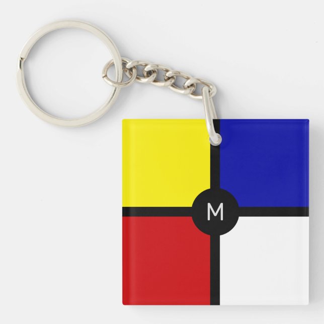 Monogram on Stylish Mondrian Inspired Art Key Ring (Front)