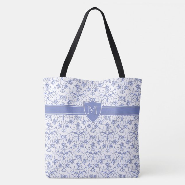 Monogram on Stylish Periwinkle Blue Ogee Pattern Tote Bag (Back)