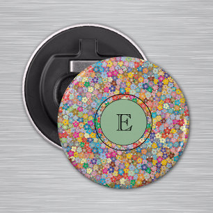 Monogram on Tiny Colourful Flowers 2.25-in Magnet Bottle Opener