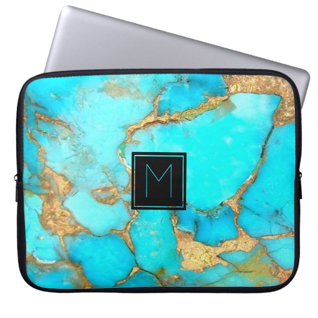monogram on turquoise laptop sleeve (Front)